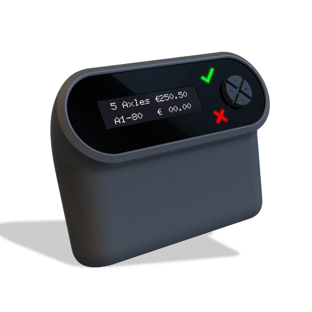  A black electronic device with a small screen displaying text and two buttons: a green checkmark and a red X. The screen shows details like "5 Axles €250.50" and "A1-80 €00.00". The device has a modern, sleek design with rounded edges.